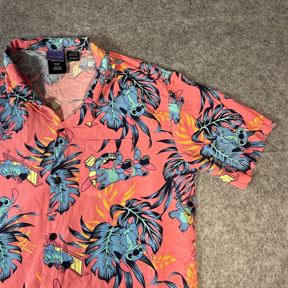 Disney Stitch Shirt Mens Medium Pink Tropical Hawaiian Button Down Short Sleeve - Picture 6 of 9